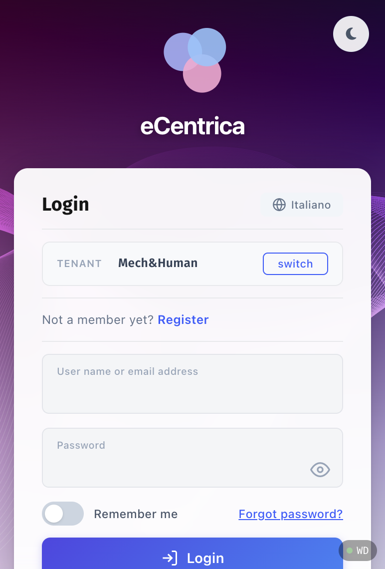 Schermata login eCentrica